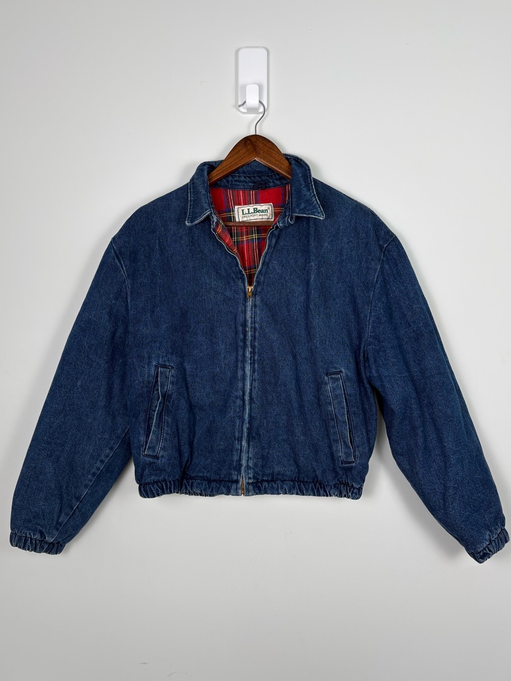 Vintage L.L. Bean Jean Denim Bomber Jacket Cotton Red Flannel Lining Size Small - Picture 2 of 16